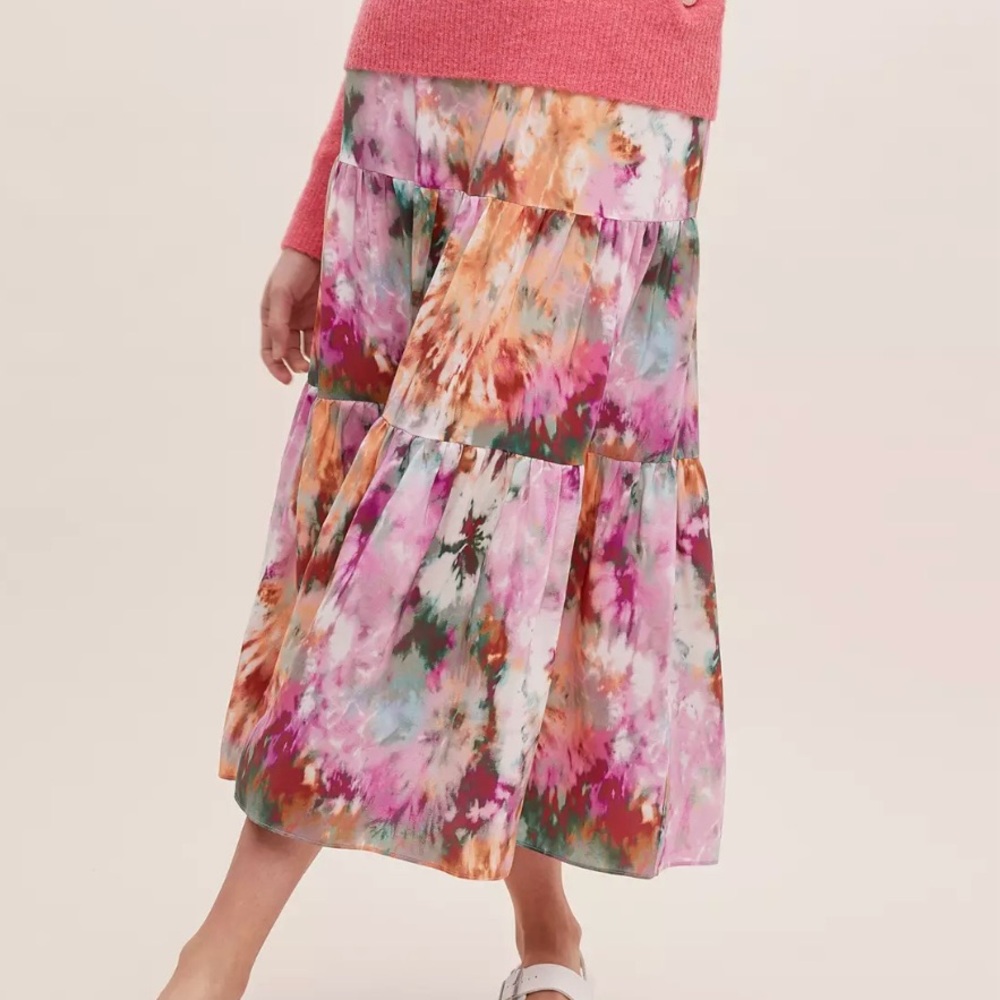 Kachel x Anthropologie 100% Silk Tie-Dye Tiered Midi Skirt Size 4 Orange Purple